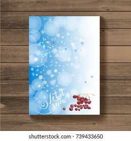 Vector calligraphy. Winter poster or card. White Letters on the blue background  with red berry on the wood.