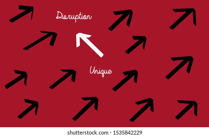 vector callography pen write white ones arrow changing direction from all black arrow on red background. New idea, change, trend, courage, creative solution, innovation and unique way concept.