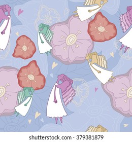Vector calm angels with closed eyes fly among colorful and outline flowers, heart and leaves. Seamless pattern.