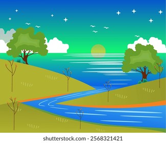 Vector Calm night scene with meandering river, green hills and starry sky. A serene night scene with a meandering river, green hills and starry skies.