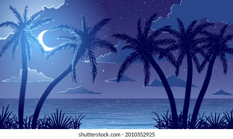 Vector Calm Ocean Shore Beach And Palm Trees In Grass At Night