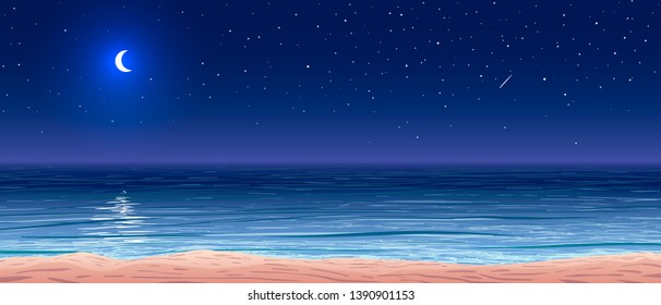 vector calm ocean shore at night