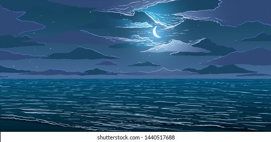 vector calm ocean shore at night