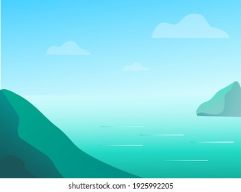 Vector calm sea landscape in the early morning in clear weather. Minimalistic style illustration with gradients.