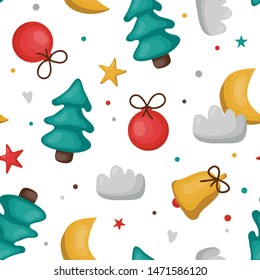 vector calm seamless background patterns in retro style, Christmas and New Year hand drawn vintage elements, christmas tree for fabric design, wrapping paper, background