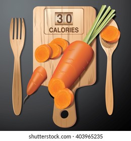 Vector of Calories in carrot on wood board with wood spoon and wood fork.