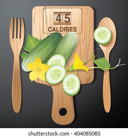 Vector of Calories in cucumber on wood board with wood spoon and wood fork.