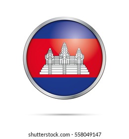 Vector Cambodian flag button. Cambodia flag glass button style with metal frame.