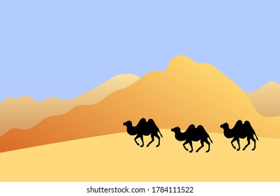 Vector camel silhouette isolated on flat cartoon desert sand landscape