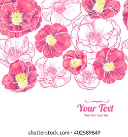 Vector camellia flowers horizontal frame pattern background . Invitation or greeting card design.Vector illustration