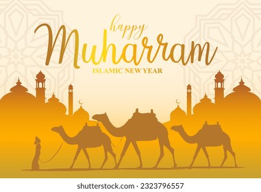 vector camels driver moslem silhouette mosque celebrate happy muharram gold orange arabian desert sun background ornament luxury