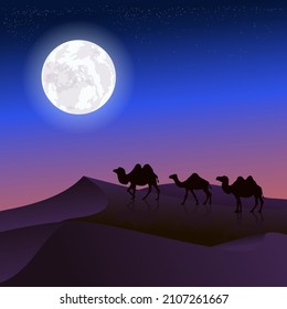 Vector. Camels in the night desert. Starry sky.