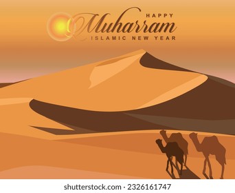 vector camels silhouette celebrate happy muharram in view landscape hot warm arabian sand desert sun background