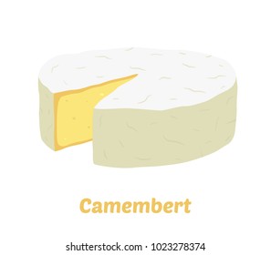 Vector camembert cheese block. Slice, chunk in cartoon flat style. Farm market product for label, poster, icon, packaging. Dairy product
