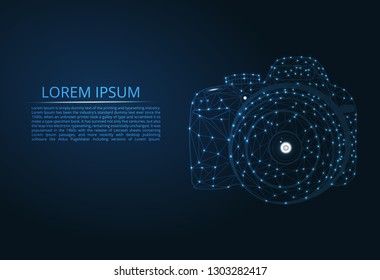 Vector camera. Abstract polygonal skeleton illustration of a camera on a dark blue night sky background with dots and stars, figures of glass.