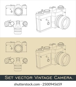 Vector camera analog retro classic. line art draw blueprint wireframe from all view top corner side back isolated in transparent background
