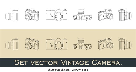 Vector camera analog retro classic. line art draw blueprint wireframe from all view top corner side back isolated in transparent background
