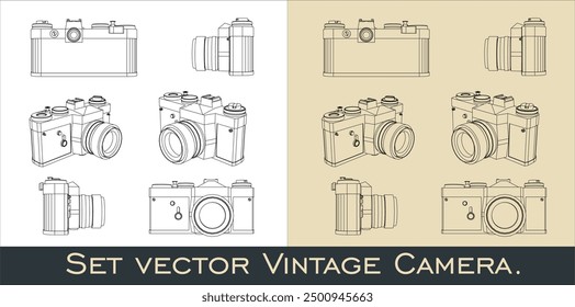 Vector camera analog retro classic. line art draw blueprint wireframe from all view top corner side back isolated in transparent background
