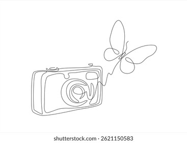 vector camera with butterflies. Editable stroke. One continuous line