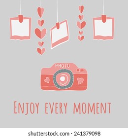 vector camera girlnda of hearts and photos.enjoy every moment lettering.