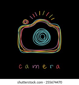 Vector camera icon. Doodle hand drawn sign in sketch childish style. Original decorative illustration for print, web