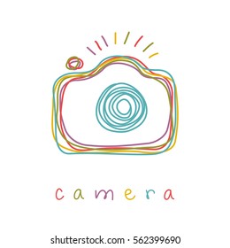 Vector camera icon. Doodle hand drawn sign in sketch childish style. Original decorative illustration for print, web