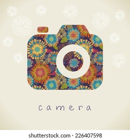 Vector camera icon. Floral sign. Original decorative color illustration for print, web