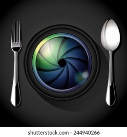 Vector of Camera lens with fork and spoon, table setting. Food Photography concept.