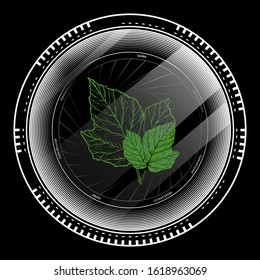 Vector camera lens in front. Photo lens with leaves in a reflection. Beautiful nature theme illustration. Picture about photography. Nature Photography Day.