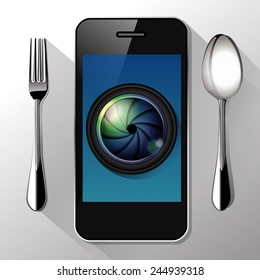 Vector of Camera lens on smart phone. Food Photography concept.