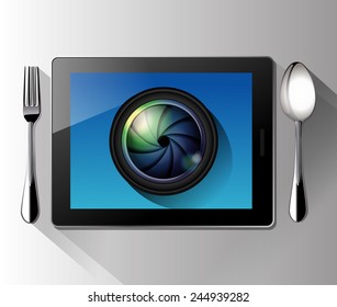 Vector of Camera lens on tablet. Food Photography concept.