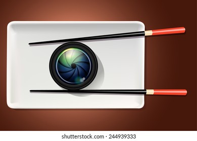 Vector of camera lens on white plate with chopstick. Food Photography concept.