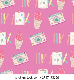 Vector with a camera, pencils and ice-cream