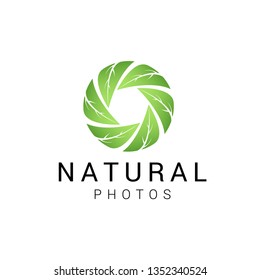 Vector camera shutter and leaf logo combination. Unique photo and organic logotype design template. - Vector