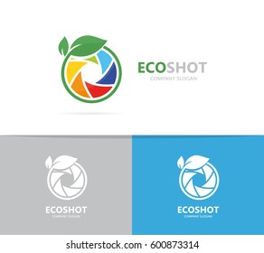 Vector of a camera shutter and leaf logo combination. Photography and eco symbol or icon. Unique photo and natural, organic logotype design template.