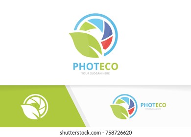 Vector camera shutter and leaf logo combination. Lens and eco symbol or icon. Unique photo and organic logotype design template.