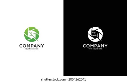 Vector camera shutter and leaf technology logo combination. Lens and eco symbol or icon. Unique photo and organic logotype design template.