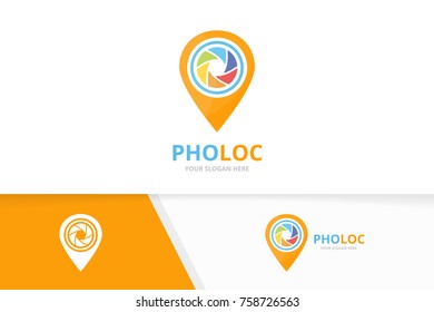 Vector camera shutter and map pointer logo combination. Lens and gps locator symbol or icon. Unique photo and pin logotype design template.