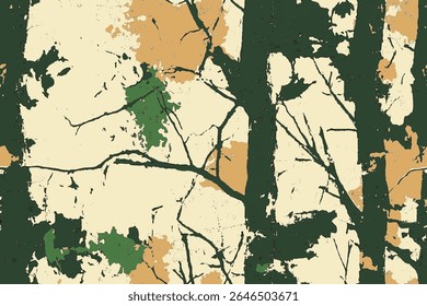 Vector camo seamless pattern in earthy tones with tree branches, perfect for hunting gear, apparel, fabrics, and decor.