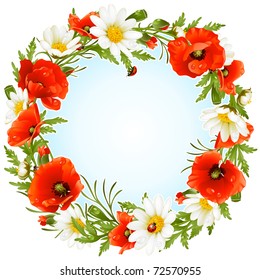 Vector Camomile And Poppy Frame In The Shape Of Circle