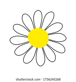 Vector camomile sign. Flower isolated on white background. Hand-drawn daisy image. Cartoon petals Plant. Symbol of summer, spring, nature, chamomile tea or cosmetics. Cute floral stock illustration