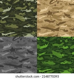 Vector camouflage avia seamless pattern set. Military camo endless texture from jet, aircraft, helicopter, plane, biplane silhouettes. Classic khaki green black grey brown olive colors modern illustra