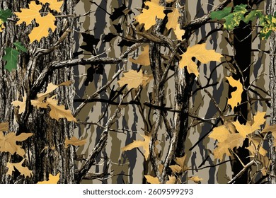 Vector camouflage background. Hunting seamless pattern. Forest texture. Tree seamless pattern. Military and hunting backdrop. Digital camouflage. 