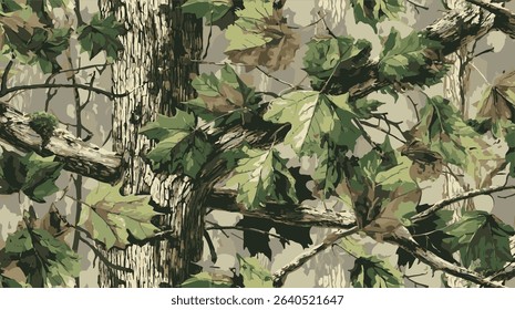 Vector camouflage background. Real tree forest camouflage seamless pattern design pattern for hunting and military uniform. Hunting camouflage