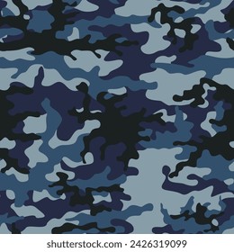 Vector camouflage blue background repeating pattern, army texture