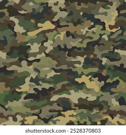 Vector camouflage classic seamless pattern. Khaki swamp color. Military hunting camo. The texture of print on paper or textile. Army woodland uniform camouflage.