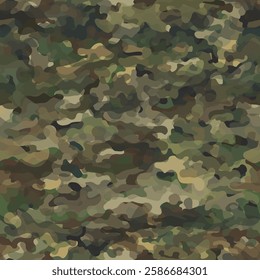 Vector camouflage classic seamless pattern. Khaki swamp smoothed color. Military hunting camo. The texture of print on paper or textile. Army woodland uniform camouflage.