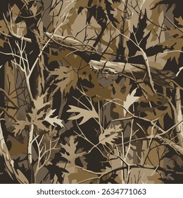 Vector camouflage design. Seamless pattern. Hunting camouflage. Forest background. Jungle texture. Digital camouflage. Abstract. Real tree hunting camouflage pattern. Tree, leaves and stems texture