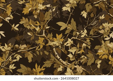 Vector camouflage design. Seamless pattern. Hunting camouflage. Forest background. Jungle texture. Digital camouflage. Abstract. Real tree hunting camouflage pattern. Tree, leaves and stems texture