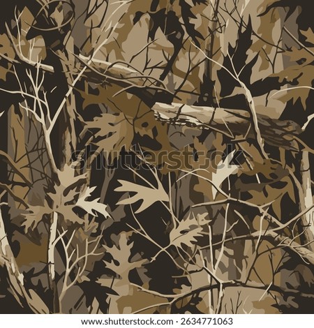 Vector camouflage design. Seamless pattern. Hunting camouflage. Forest background. Jungle texture. Digital camouflage. Abstract. Real tree hunting camouflage pattern. Tree, leaves and stems texture